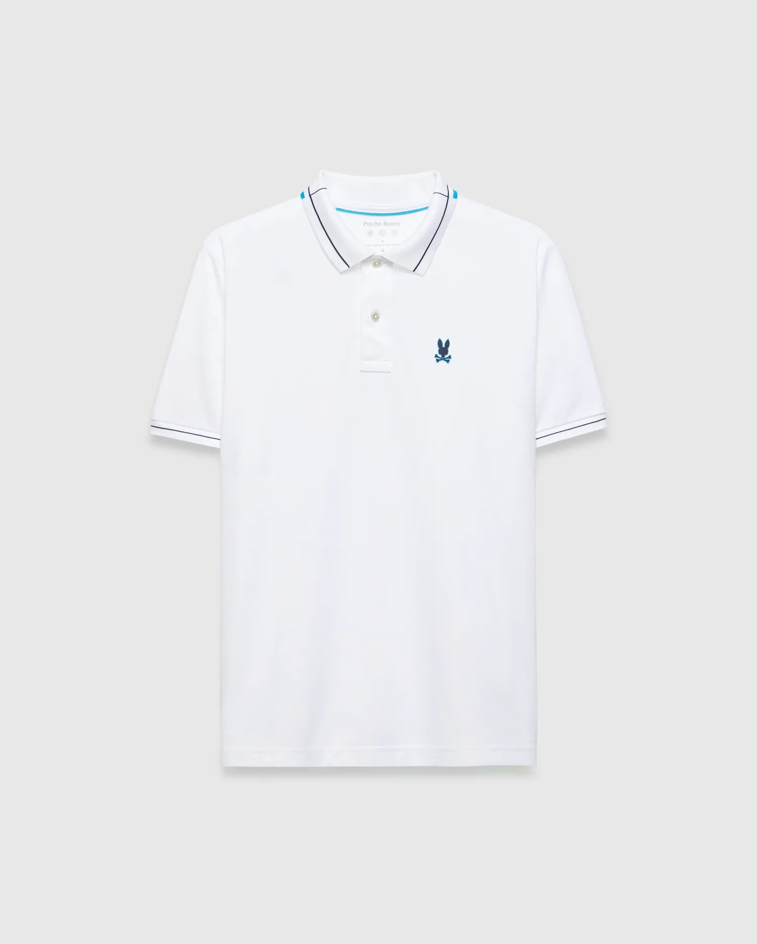 Mens Edwin Sport Polo, white pique knit, classic fit, with navy and light blue tipped collar and cuffs, featuring a small embroidered light blue Psycho Bunny skull logo on the left chest.