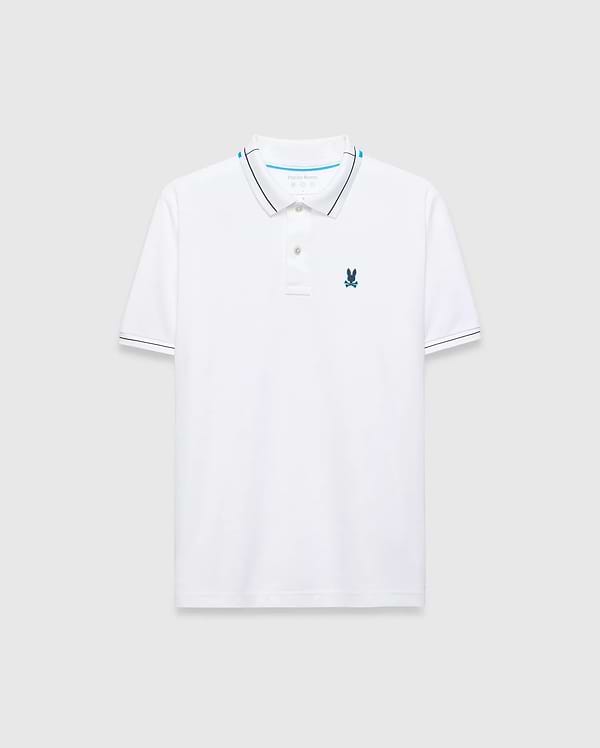 Mens Edwin Sport Polo, white pique knit, classic fit, with navy and light blue tipped collar and cuffs, featuring a small embroidered light blue Psycho Bunny skull logo on the left chest.