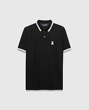 Mens Holden Pique Polo, a classic fit black pique polo shirt with white and grey striped collar and cuffs, featuring a small embroidered white Psycho Bunny skull logo on the left chest.