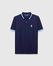 Mens Holden Pique Polo, navy classic fit pique knit with light blue and darker blue striped collar and cuffs, featuring a small embroidered light blue Psycho Bunny skull logo on the left chest.