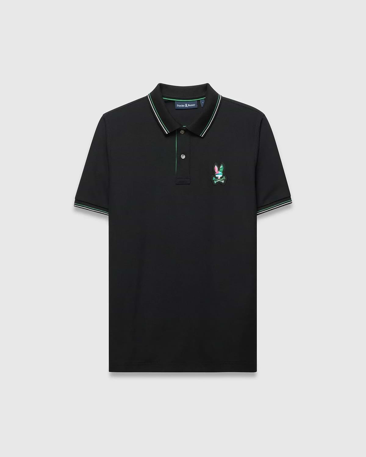 Mens Nate Pique Polo in black, a classic fit pique knit featuring a ribbed collar and cuffs with green and white tipping, and a small, embroidered, multi-colored Psycho Bunny skull logo on the left chest.