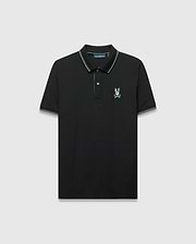 Mens Nate Pique Polo in black, a classic fit pique knit featuring a ribbed collar and cuffs with green and white tipping, and a small, embroidered, multi-colored Psycho Bunny skull logo on the left chest.