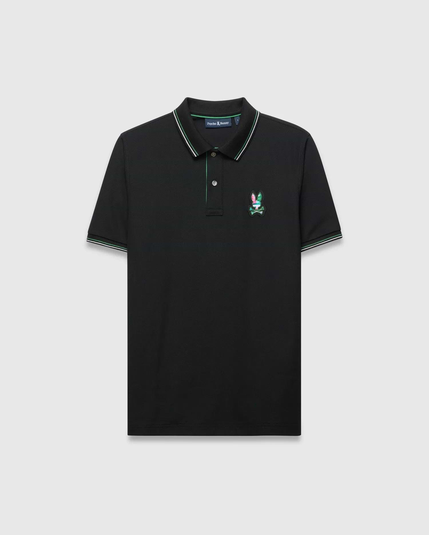 Mens Nate Pique Polo in black, a classic fit pique knit featuring a ribbed collar and cuffs with green and white tipping, and a small, embroidered, multi-colored Psycho Bunny skull logo on the left chest.