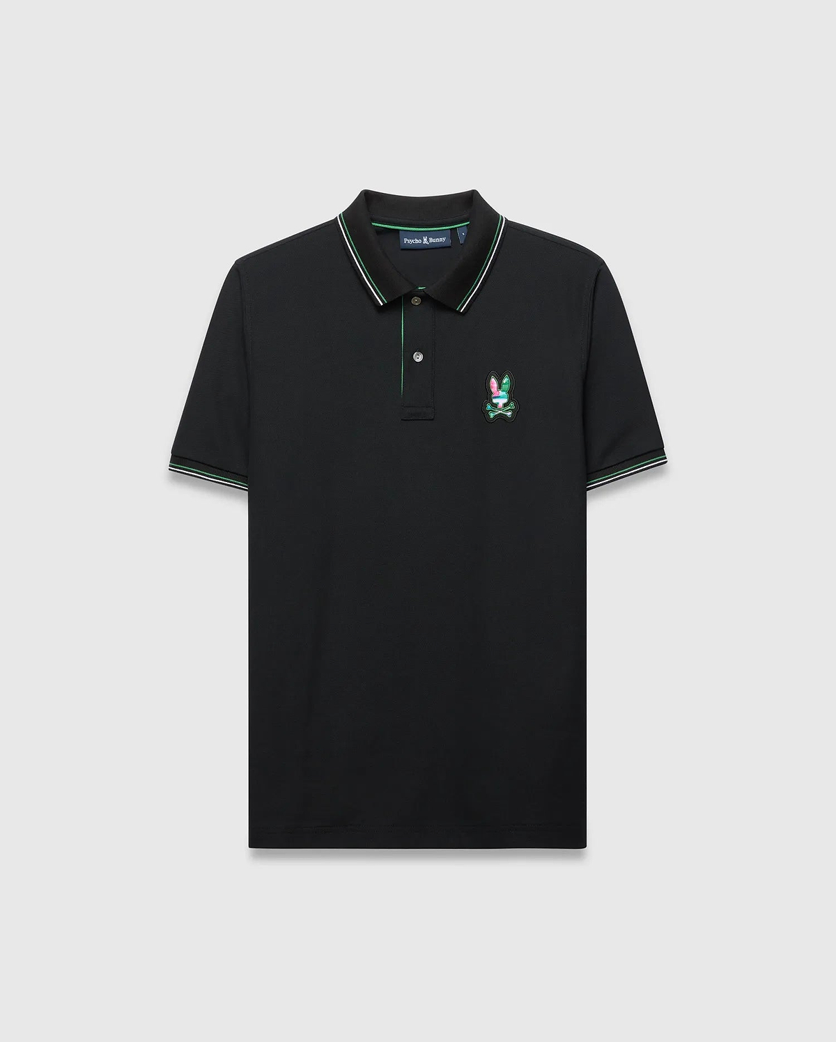 Mens Nate Pique Polo in black, a classic fit pique knit featuring a ribbed collar and cuffs with green and white tipping, and a small, embroidered, multi-colored Psycho Bunny skull logo on the left chest.