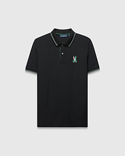 Mens Nate Pique Polo in black, a classic fit pique knit featuring a ribbed collar and cuffs with green and white tipping, and a small, embroidered, multi-colored Psycho Bunny skull logo on the left chest.