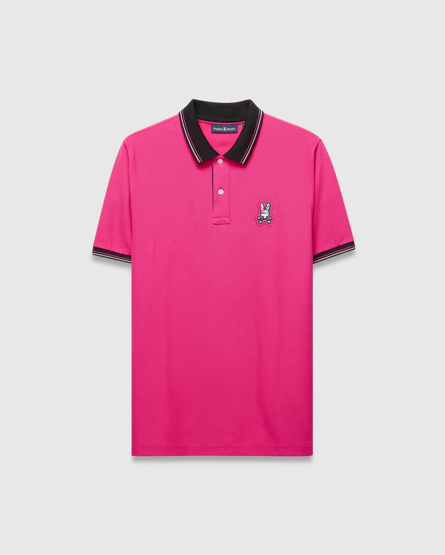 Mens Nate Pique Polo in hot pink pique knit, featuring a classic fit, black ribbed collar with white tipping, matching cuffs, and an embroidered multi-color Psycho Bunny skull logo on the left chest.