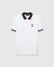 Mens Nate Pique Polo, classic fit, white pique fabric with a black ribbed collar and cuffs with pink/white stripes. A small, embroidered pink, teal, and black Psycho Bunny skull logo on the left chest.