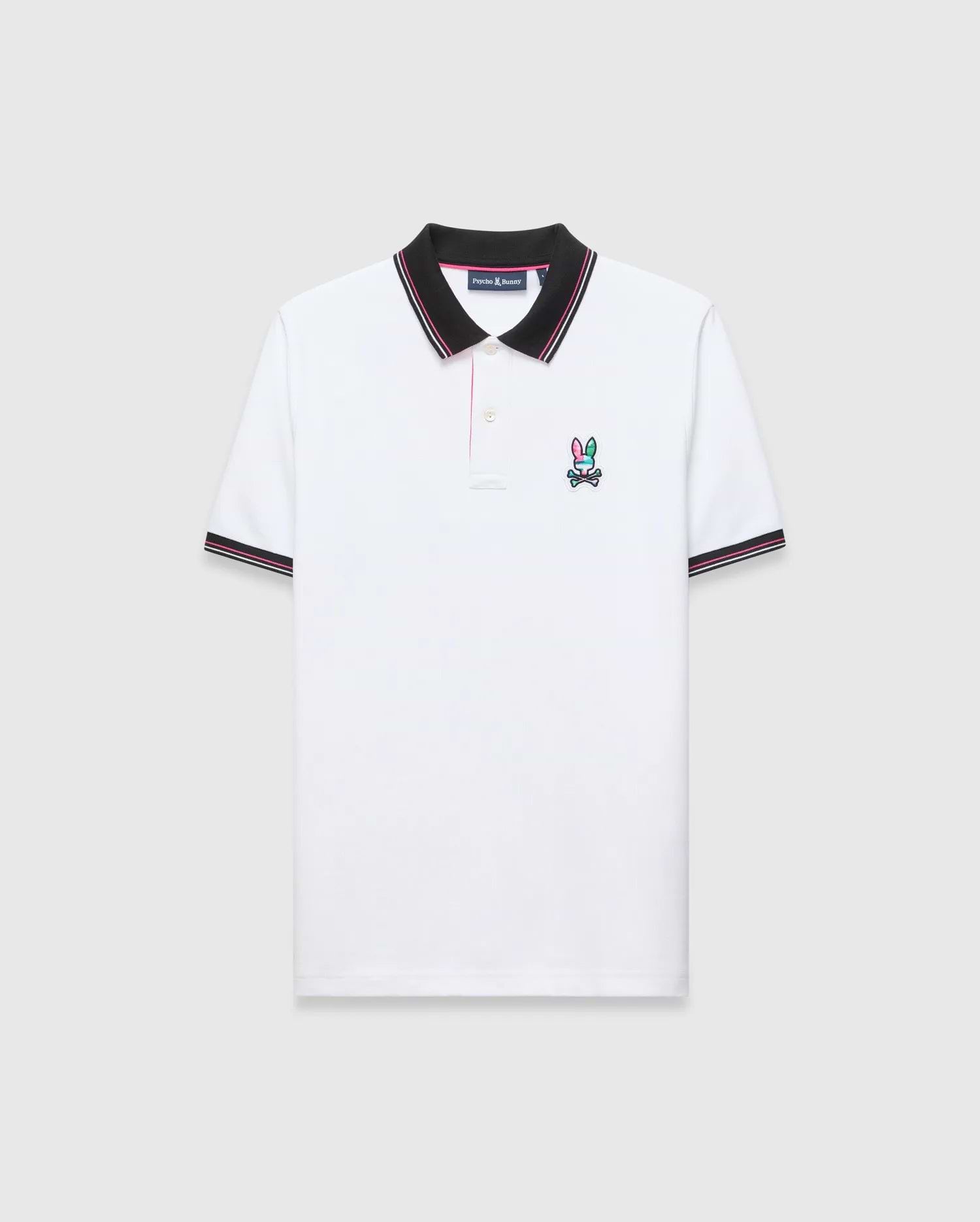 Mens Nate Pique Polo, classic fit, white pique fabric with a black ribbed collar and cuffs with pink/white stripes. A small, embroidered pink, teal, and black Psycho Bunny skull logo on the left chest.