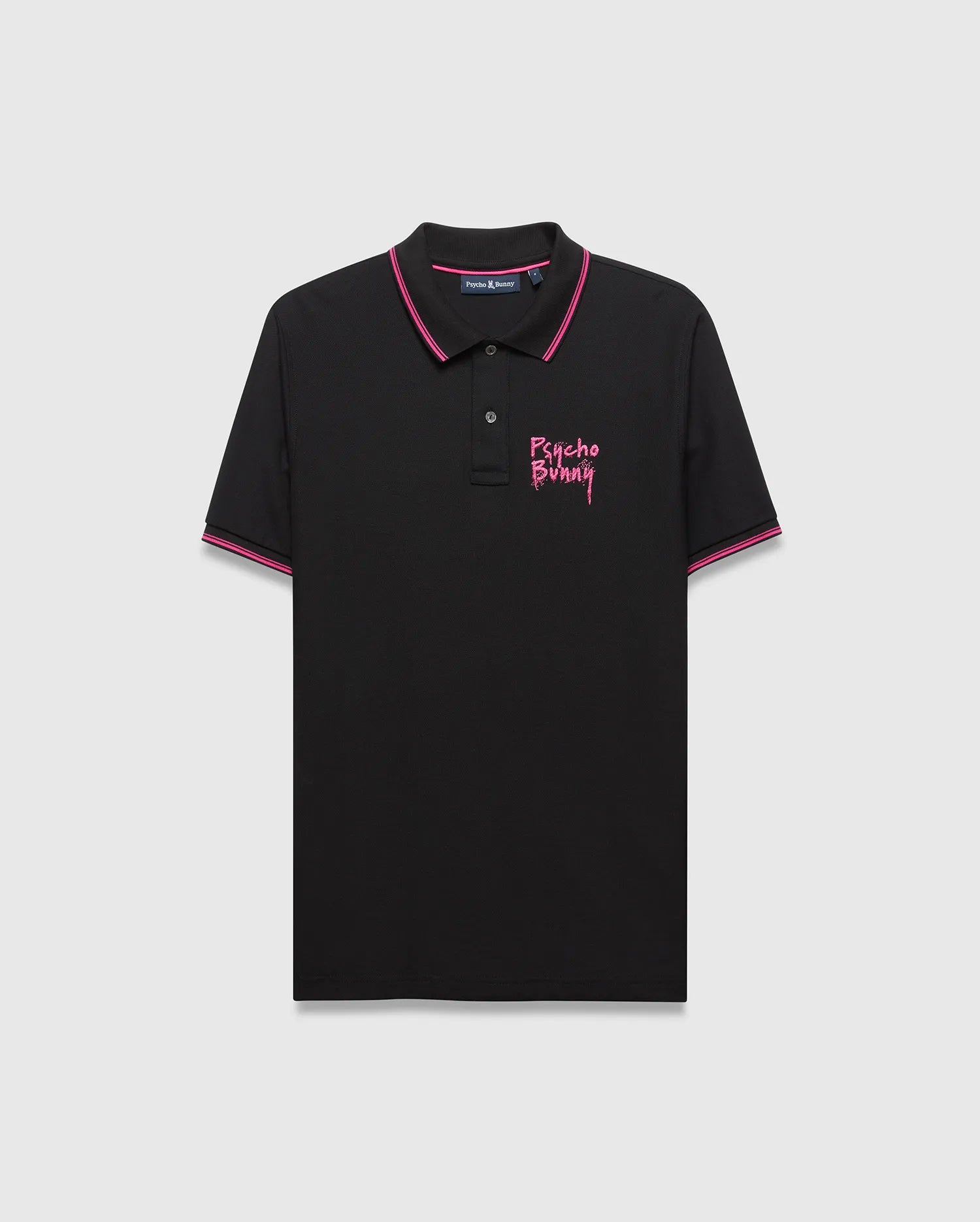 Mens Duncan Pique Polo, black pique fabric with a classic fit, featuring bold pink tipping on the collar and cuffs, and a large distressed pink Psycho Bunny graphic on the left chest.
