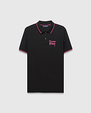 Mens Duncan Pique Polo, black pique fabric with a classic fit, featuring bold pink tipping on the collar and cuffs, and a large distressed pink Psycho Bunny graphic on the left chest.