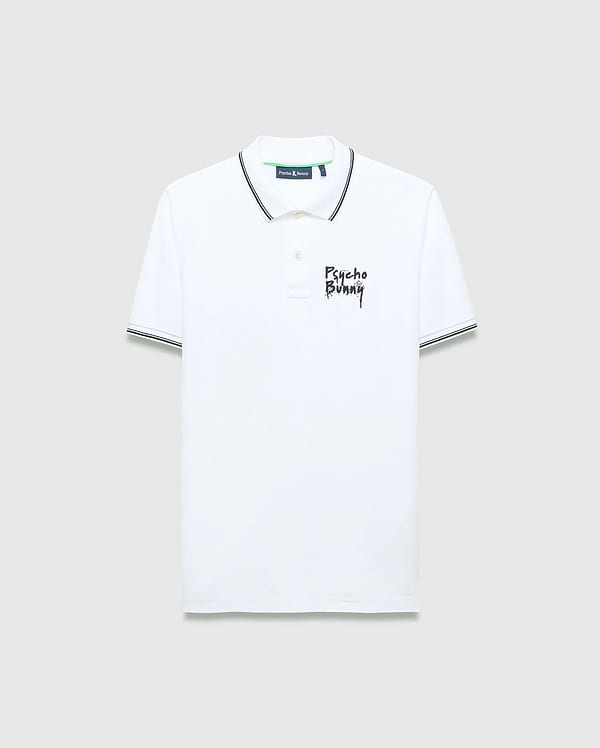 Mens Duncan Pique Polo, white classic fit pique polo with black striped collar and cuffs, featuring a distressed black Psycho Bunny text logo embroidered on the left chest and green neck tape.