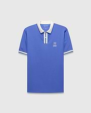 Mens Ridley Pique Polo in blue pique with a white collar, two-button placket, white striped cuffs, and an embroidered white Psycho Bunny skull logo on the left chest.
