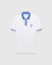 Mens Ridley Pique Polo, white with classic fit, features a blue ribbed collar, two-button placket with blue stripe, blue ribbed cuffs, and an embroidered blue Psycho Bunny skull logo on the left chest. (4)
