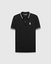 Mens Brad Pique Polo, black classic fit with white and gold striped collar and cuffs, featuring a small embroidered light pink/cream Psycho Bunny skull logo on the left chest.