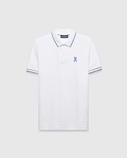 Mens Brad Pique Polo, white classic fit pique polo with blue and yellow tipping on collar and cuffs, featuring a small embroidered blue Psycho Bunny skull logo on the left chest. (5)