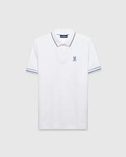 Mens Brad Pique Polo, white classic fit pique polo with blue and yellow tipping on collar and cuffs, featuring a small embroidered blue Psycho Bunny skull logo on the left chest. (5)