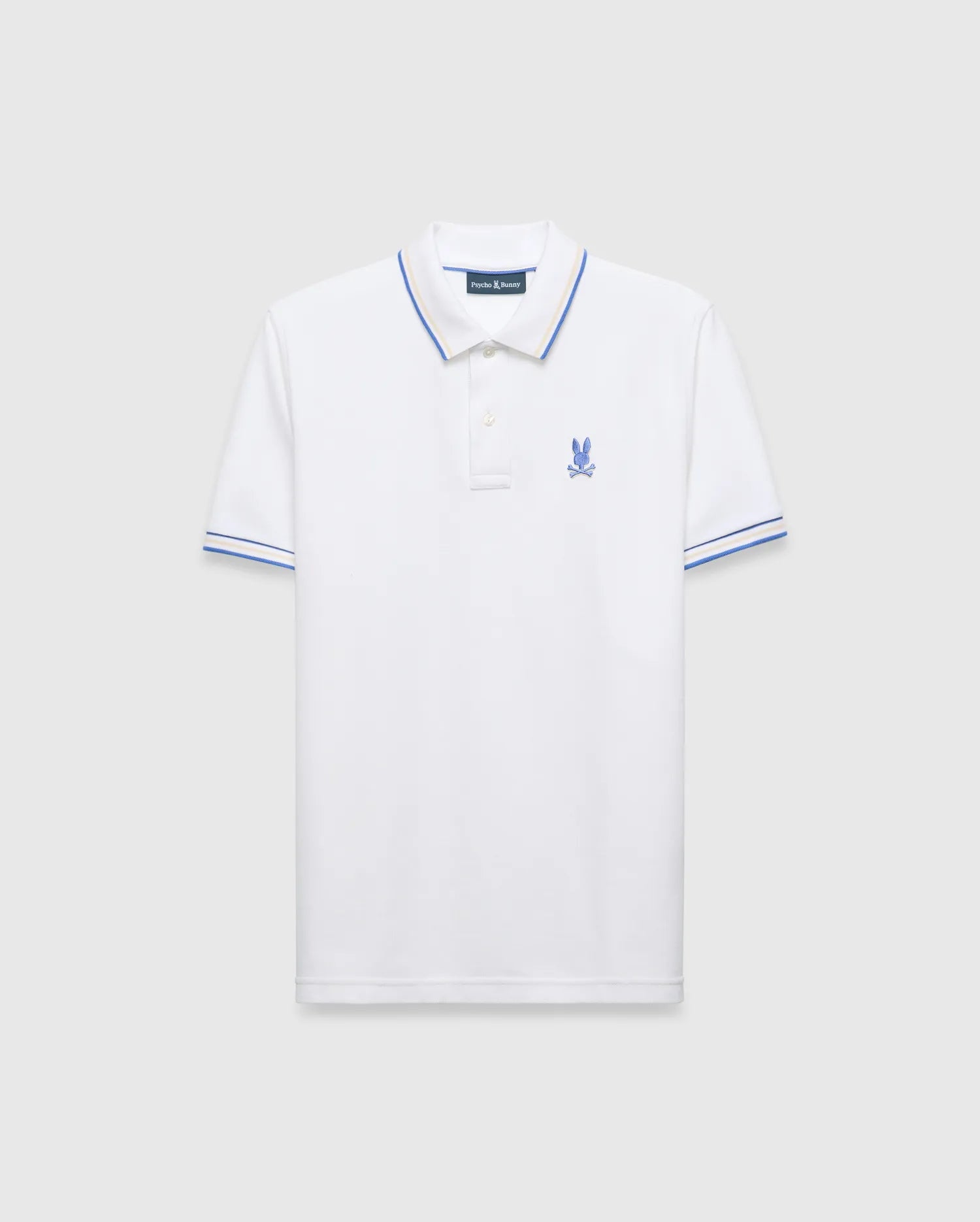 Mens Brad Pique Polo, white classic fit pique polo with blue and yellow tipping on collar and cuffs, featuring a small embroidered blue Psycho Bunny skull logo on the left chest. (5)