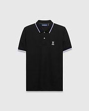 Mens Sunny Pique Polo, black classic fit pique polo with white and blue striped collar and cuffs, featuring an embroidered white Psycho Bunny skull logo on the left chest.
