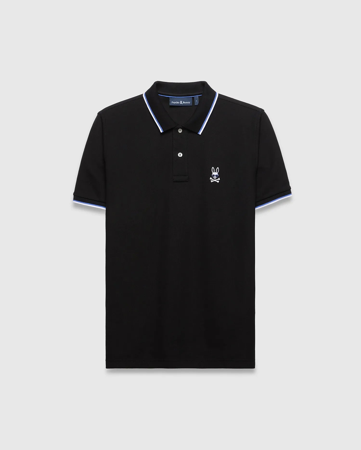 Mens Sunny Pique Polo, black classic fit pique polo with white and blue striped collar and cuffs, featuring an embroidered white Psycho Bunny skull logo on the left chest.