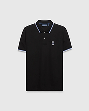 Mens Sunny Pique Polo, black classic fit pique polo with white and blue striped collar and cuffs, featuring an embroidered white Psycho Bunny skull logo on the left chest.