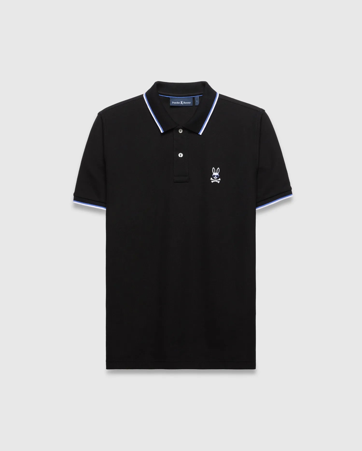Mens Sunny Pique Polo, black classic fit pique polo with white and blue striped collar and cuffs, featuring an embroidered white Psycho Bunny skull logo on the left chest.