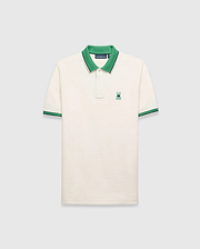 Mens Sunny Pique Polo, cream classic fit pique knit with a green collar and striped cuffs, featuring a small embroidered green Psycho Bunny skull logo on the left chest.