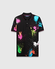 Mens Quintin Aop Pique Polo, black classic fit pique polo with vibrant neon paint splatter print, featuring all-over Psycho Bunny skull graphics and a small embroidered chest logo, finished with pink collar and cuff tipping.