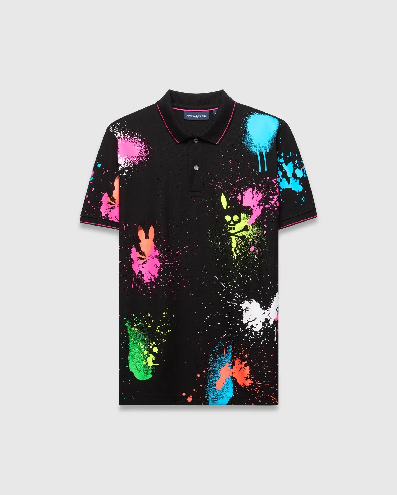 Mens Quintin Aop Pique Polo, black classic fit pique polo with vibrant neon paint splatter print, featuring all-over Psycho Bunny skull graphics and a small embroidered chest logo, finished with pink collar and cuff tipping.