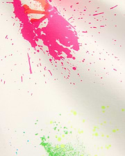 Mens Quintin Aop Pique Polo in crisp white pique fabric, adorned with a bold all-over paint splatter print in vibrant hot pink, neon green, bright orange, and subtle light blue.