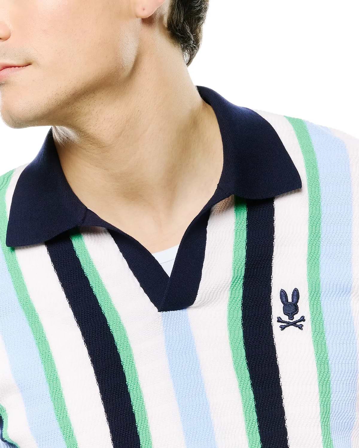 Mens Wren Stripe Knit Polo, a classic fit textured knit polo with white, navy, light blue, and mint green vertical stripes, featuring a navy collar and small embroidered navy Psycho Bunny skull logo on the left chest. (3)