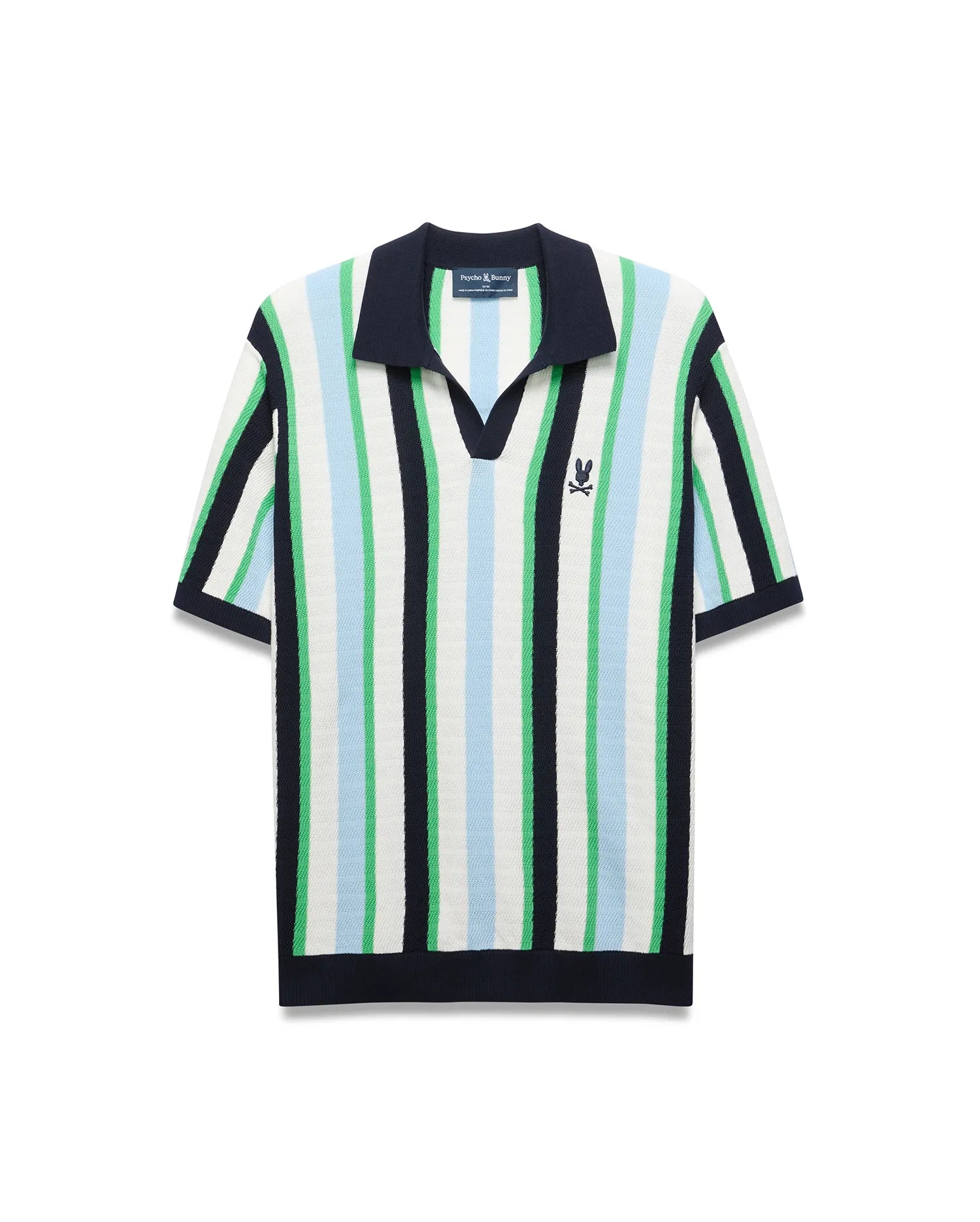 Mens Wren Stripe Knit Polo, a classic fit knit polo with vertical stripes in white, light blue, and green, featuring a navy V-neck collar, ribbed cuffs, hem, and a small embroidered Psycho Bunny skull logo on the left chest.