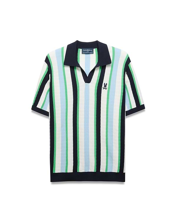 Mens Wren Stripe Knit Polo, a classic fit knit polo with vertical stripes in white, light blue, and green, featuring a navy V-neck collar, ribbed cuffs, hem, and a small embroidered Psycho Bunny skull logo on the left chest. (6)
