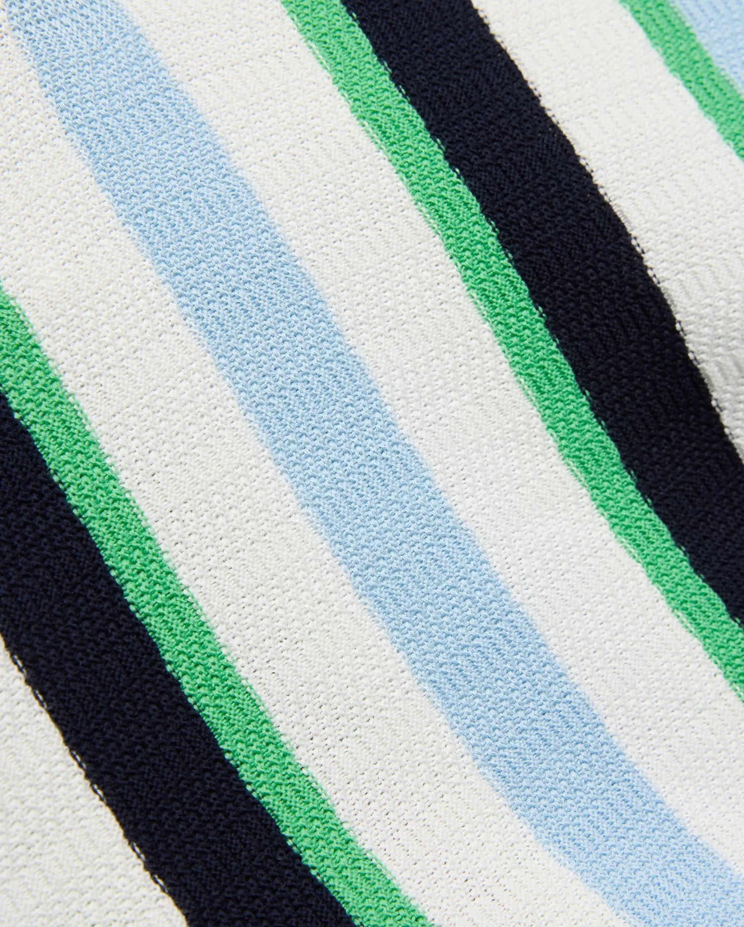 Mens Wren Stripe Knit Polo featuring a textured knit fabric with bold vertical stripes in white, light blue, bright green, and dark navy blue. (7)