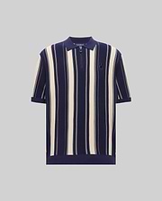 Mens Cliff Knit Zip Polo in navy and cream vertical stripes, featuring a relaxed fit, ribbed knit texture, quarter-zip placket, and a small embroidered Psycho Bunny skull logo on the left chest. (4)