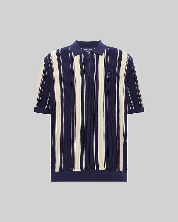Mens Cliff Knit Zip Polo in navy and cream vertical stripes, featuring a relaxed fit, ribbed knit texture, quarter-zip placket, and a small embroidered Psycho Bunny skull logo on the left chest. (4)