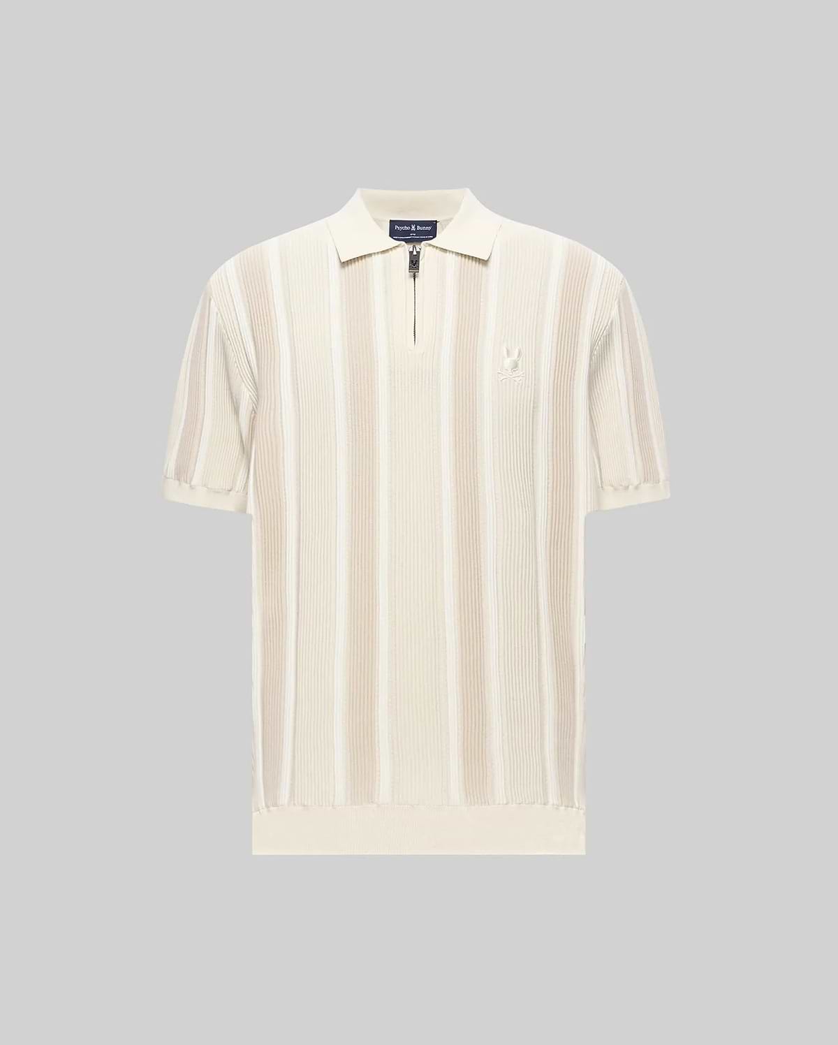 Mens Cliff Knit Zip Polo in cream with lighter cream vertical stripes, featuring a ribbed knit texture, quarter-zip placket, classic fit, and a small embroidered Psycho Bunny skull logo on the left chest.