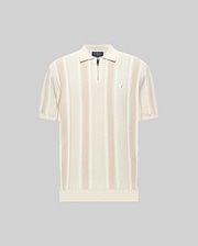 Mens Cliff Knit Zip Polo in cream with lighter cream vertical stripes, featuring a ribbed knit texture, quarter-zip placket, classic fit, and a small embroidered Psycho Bunny skull logo on the left chest.