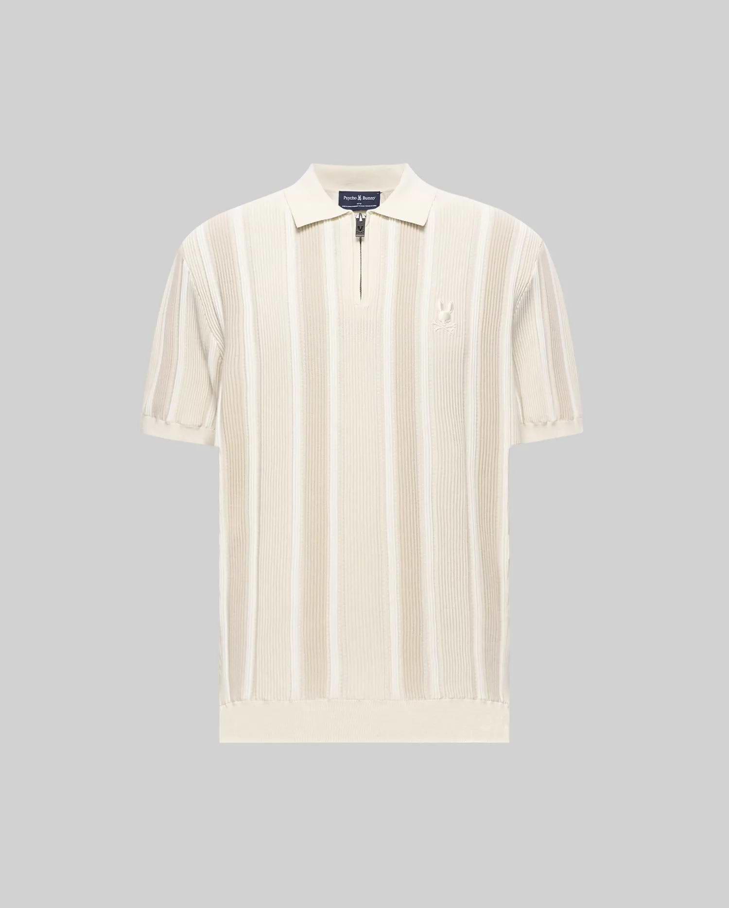 Mens Cliff Knit Zip Polo in cream with lighter cream vertical stripes, featuring a ribbed knit texture, quarter-zip placket, classic fit, and a small embroidered Psycho Bunny skull logo on the left chest.