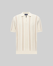Mens Cliff Knit Zip Polo in cream with lighter cream vertical stripes, featuring a ribbed knit texture, quarter-zip placket, classic fit, and a small embroidered Psycho Bunny skull logo on the left chest.