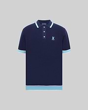 Mens Dax Knit Polo in navy knit with light blue and white tipped collar, cuffs, and hem, featuring an embroidered light blue Psycho Bunny skull logo on the left chest, classic fit. (4)