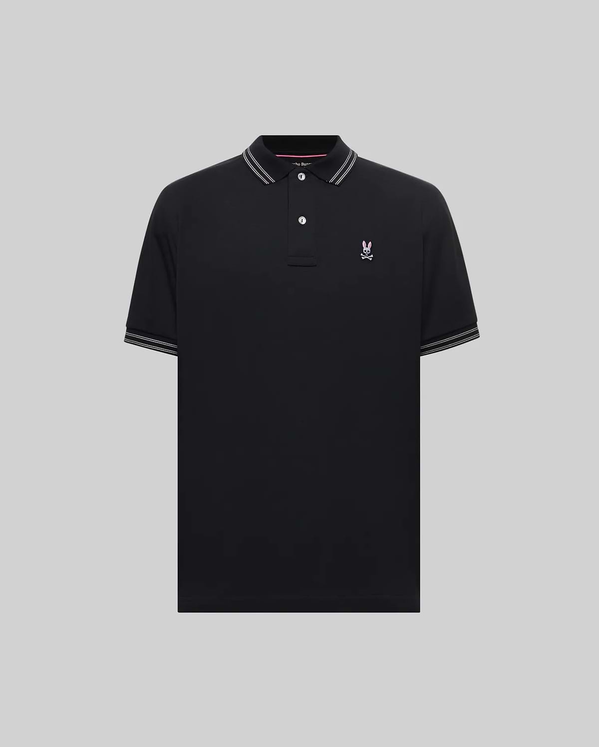 Mens Kenyon Lightweight Pique Polo, black classic fit with white striped collar and cuffs, featuring a small embroidered pink Psycho Bunny skull logo on the left chest.