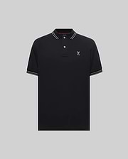 Mens Kenyon Lightweight Pique Polo, black classic fit with white striped collar and cuffs, featuring a small embroidered pink Psycho Bunny skull logo on the left chest.