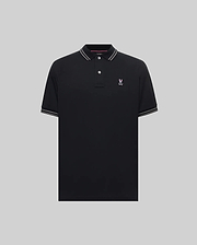 Mens Kenyon Lightweight Pique Polo, black classic fit with white striped collar and cuffs, featuring a small embroidered pink Psycho Bunny skull logo on the left chest.