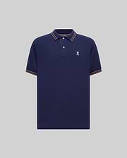 Mens Kenyon Lightweight Pique Polo in navy, featuring a classic fit, pique fabric, orange-brown and white striped collar and cuffs, and a small white embroidered Psycho Bunny skull logo on the left chest.