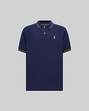 Mens Kenyon Lightweight Pique Polo in navy, featuring a classic fit, pique fabric, orange-brown and white striped collar and cuffs, and a small white embroidered Psycho Bunny skull logo on the left chest.