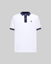 Mens Kenyon Lightweight Pique Polo, white with navy blue collar and placket, featuring pink striped tipping on collar and sleeve cuffs, and a small embroidered Psycho Bunny skull logo on the left chest.
