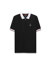Mens Odin Zip Sport Polo, a classic fit black pique knit polo with a white collar and cuffs featuring a red stripe, and a quarter-zip placket, finished with a small embroidered white Psycho Bunny skull logo on the left chest.