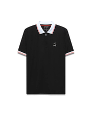 Mens Odin Zip Sport Polo, a classic fit black pique knit polo with a white collar and cuffs featuring a red stripe, and a quarter-zip placket, finished with a small embroidered white Psycho Bunny skull logo on the left chest.