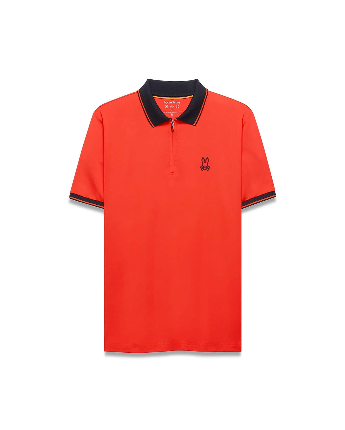 Mens Odin Zip Sport Polo, vibrant orange, classic fit, smooth fabric, with a navy ribbed collar and cuffs featuring orange tipping, quarter-zip placket, and a small embroidered navy Psycho Bunny skull logo on the left chest.