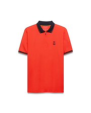 Mens Odin Zip Sport Polo, vibrant orange, classic fit, smooth fabric, with a navy ribbed collar and cuffs featuring orange tipping, quarter-zip placket, and a small embroidered navy Psycho Bunny skull logo on the left chest.